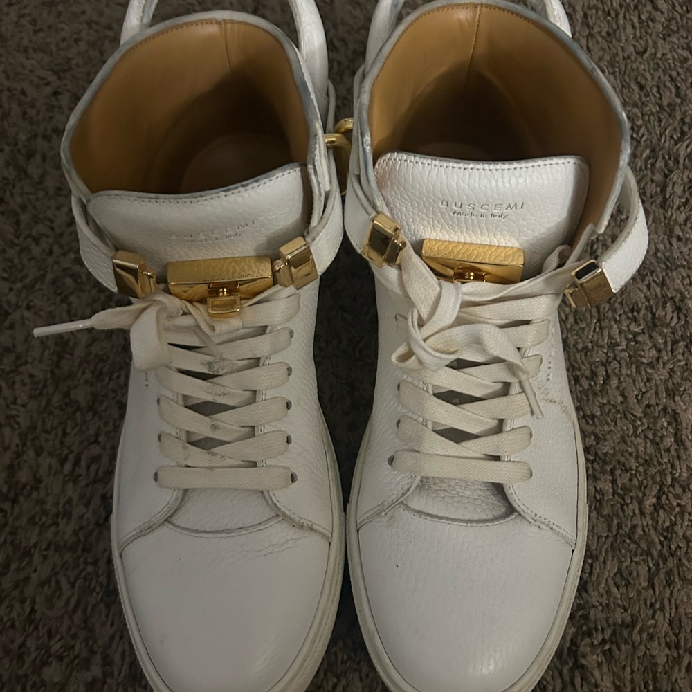 Buscemi White Leather High-Top Sneakers with Gold Hardware Accent